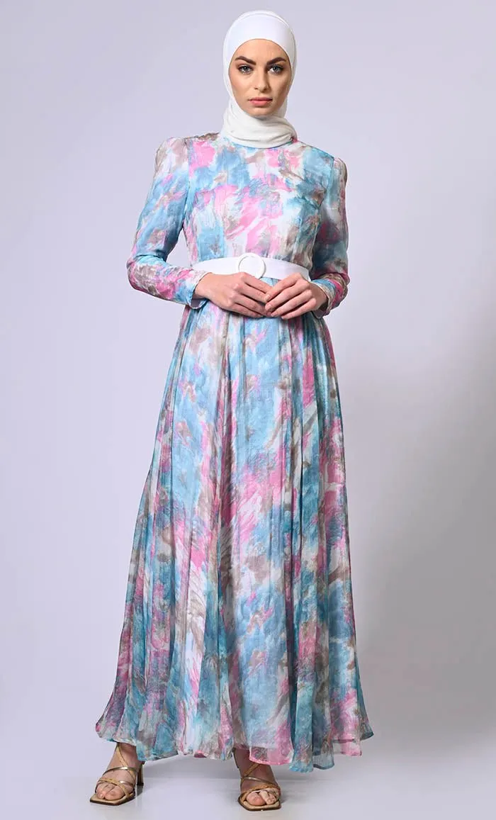 Artistic Flair: Printed Flared Abaya with Belt