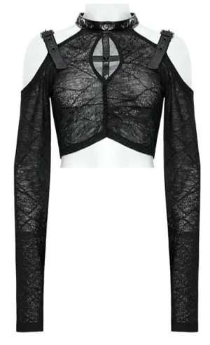 Black Sheer Long Sleeve Top w/ Off Shoulder Design and Cross Front