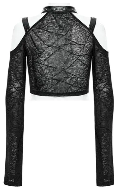 Black Sheer Long Sleeve Top w/ Off Shoulder Design and Cross Front