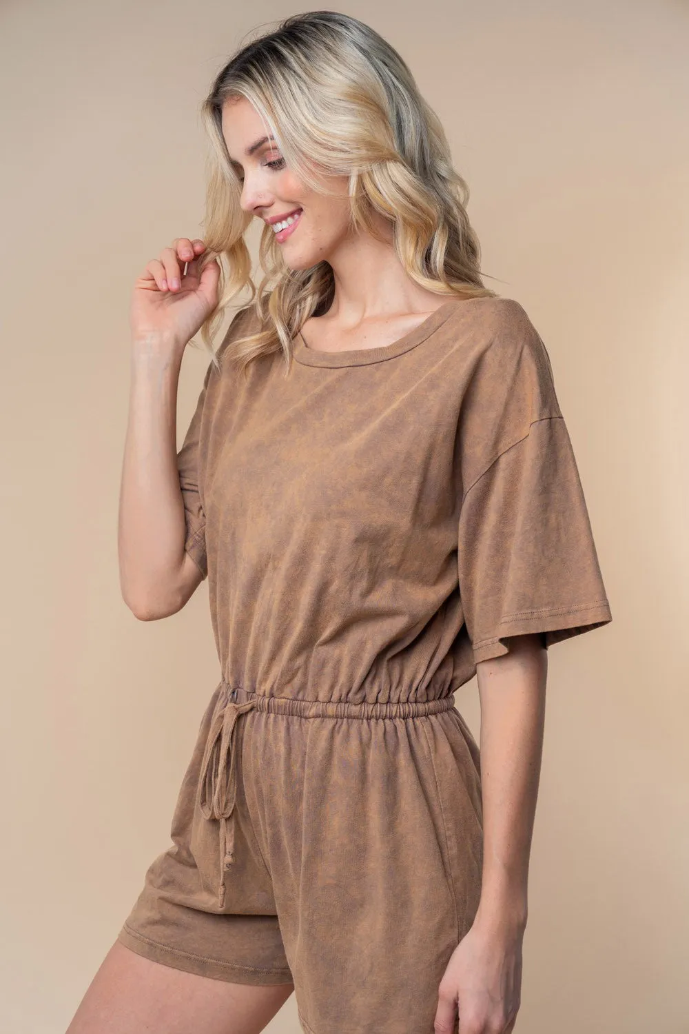 Full Size Short Sleeve Drawstring Romper