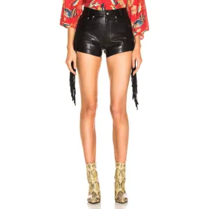 Lambskin Leather Mini Cropped Biker Shorts with Side Fringe for Women