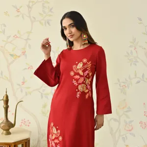 Maroon Woollen Aari Embroidered Floral Kurta with Flared Sleeves