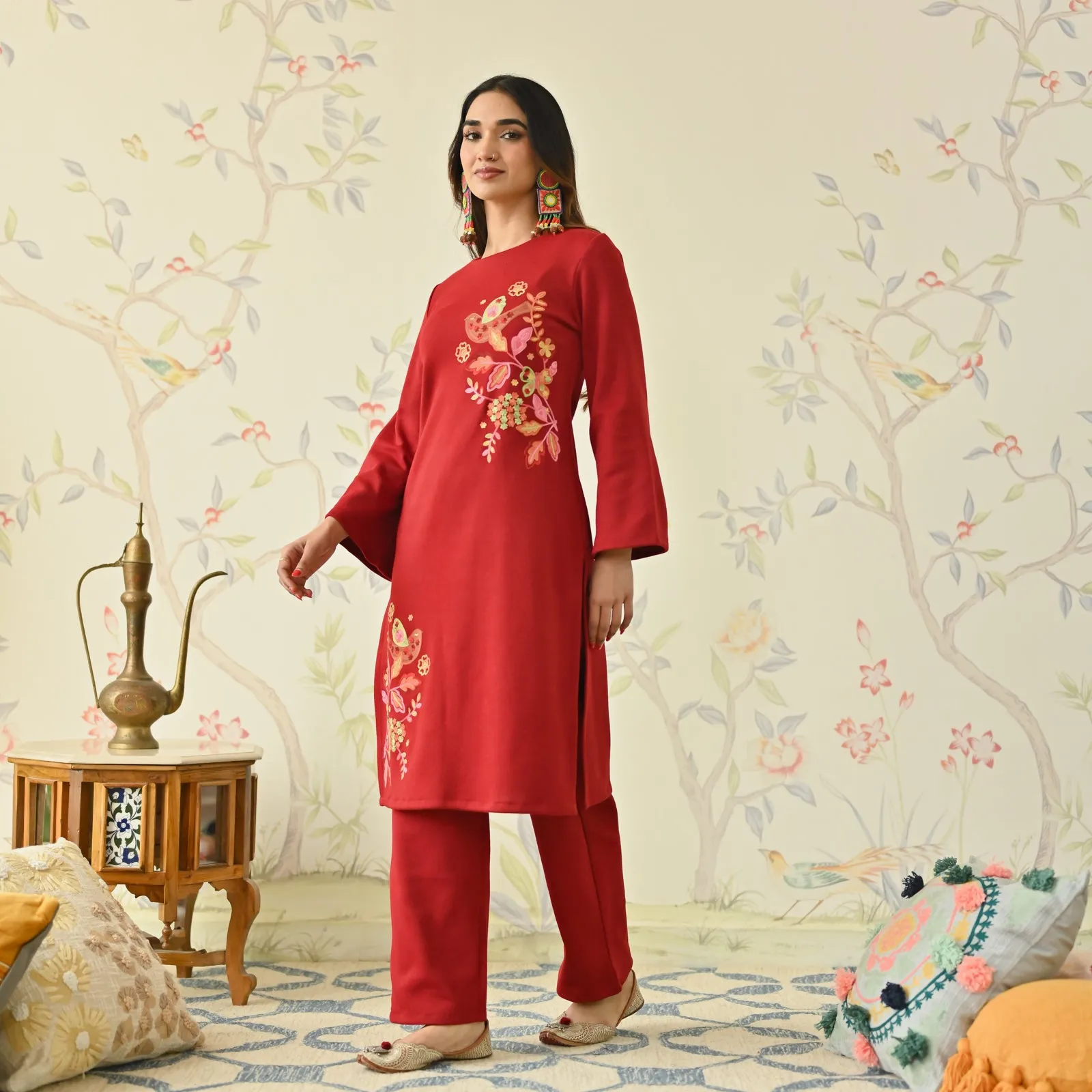 Maroon Woollen Aari Embroidered Floral Kurta with Flared Sleeves