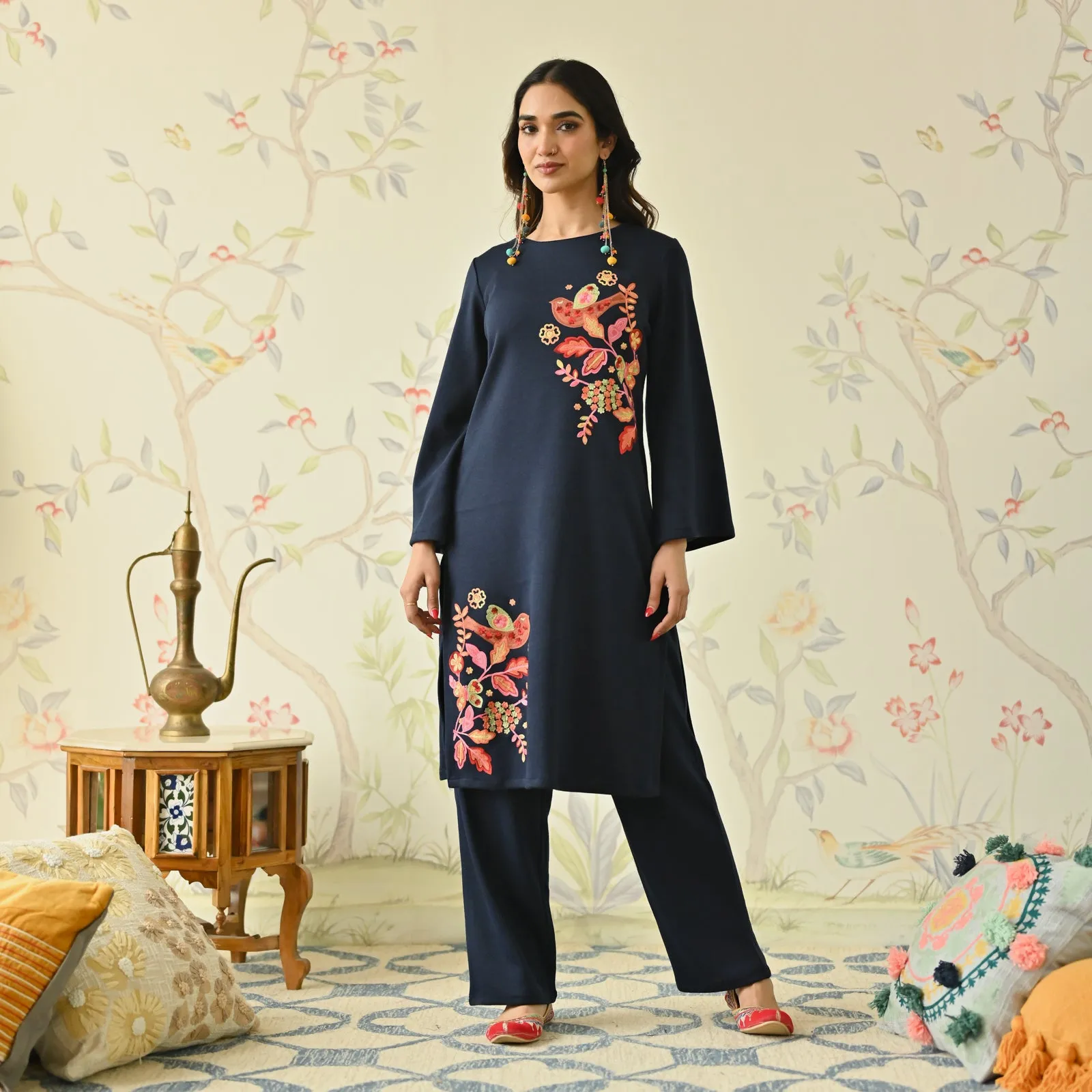 Navy Blue Woollen Aari Embroidered Floral Kurta Pant Set with Flared Sleeves