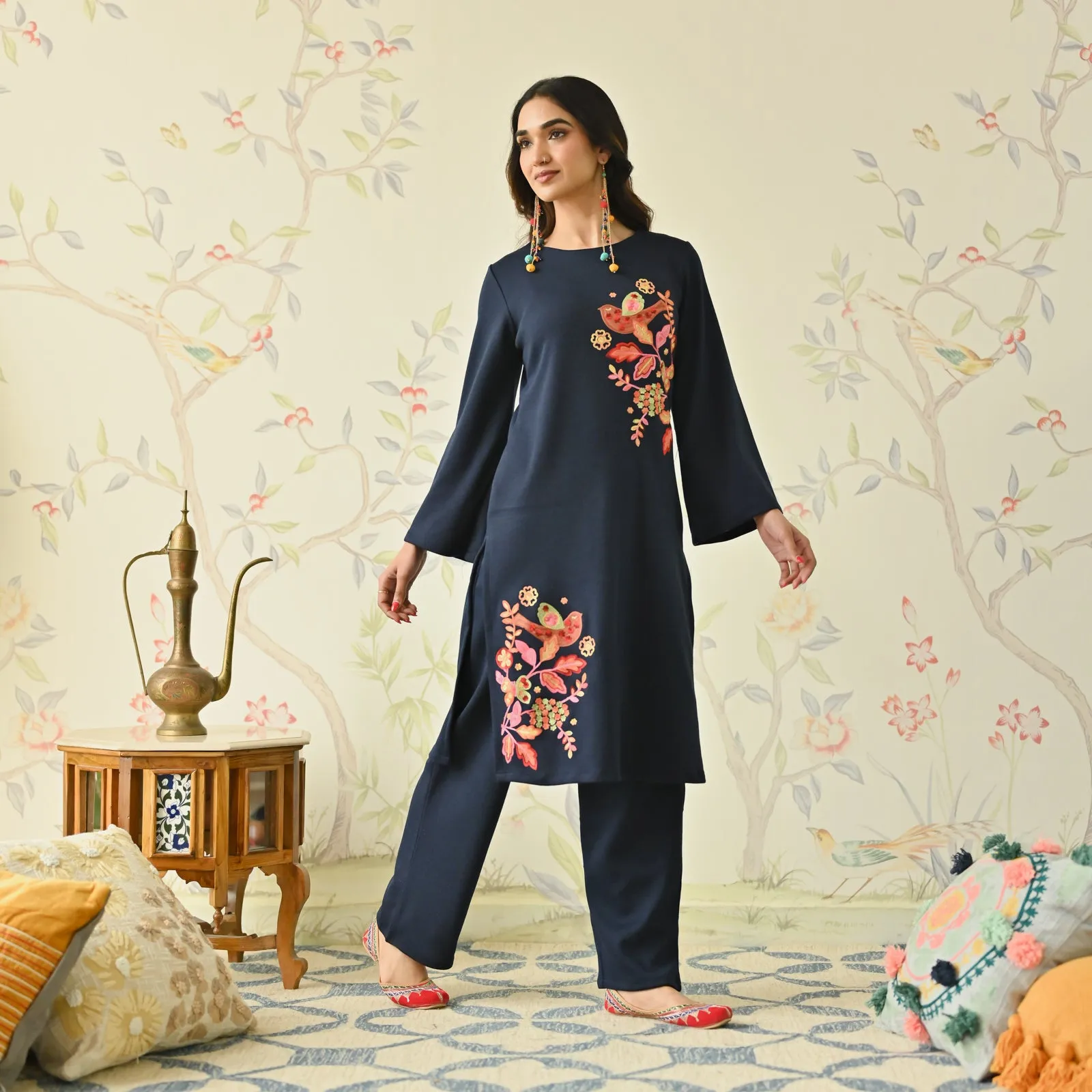 Navy Blue Woollen Aari Embroidered Floral Kurta Pant Set with Flared Sleeves