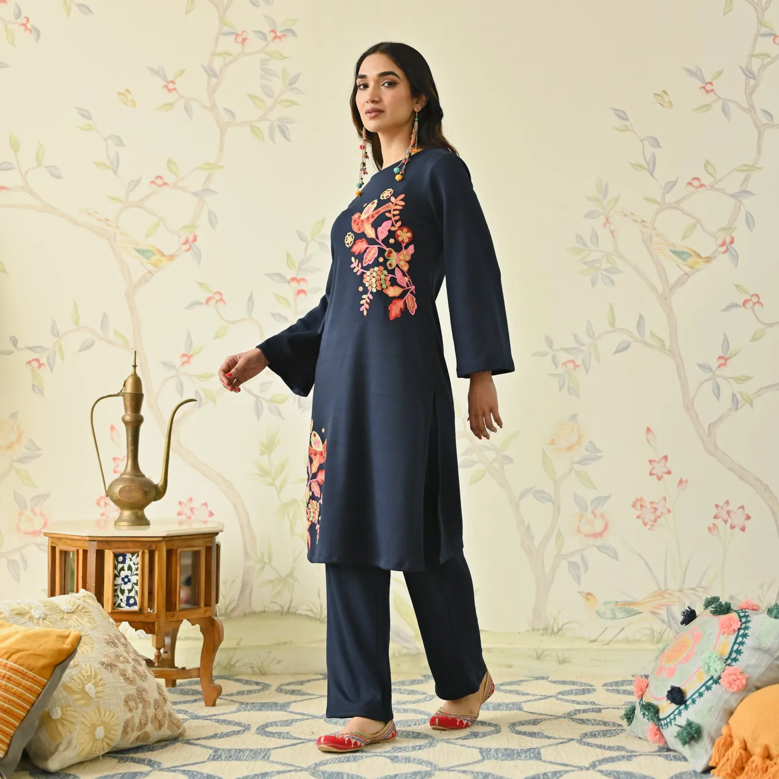 Navy Blue Woollen Aari Embroidered Floral Kurta Pant Set with Flared Sleeves