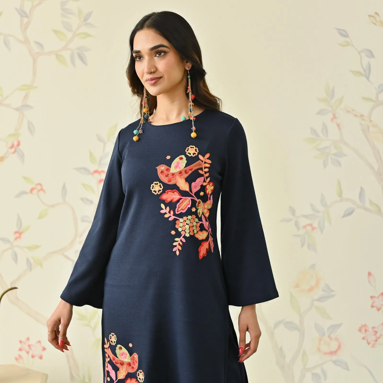 Navy Blue Woollen Aari Embroidered Floral Kurta Pant Set with Flared Sleeves