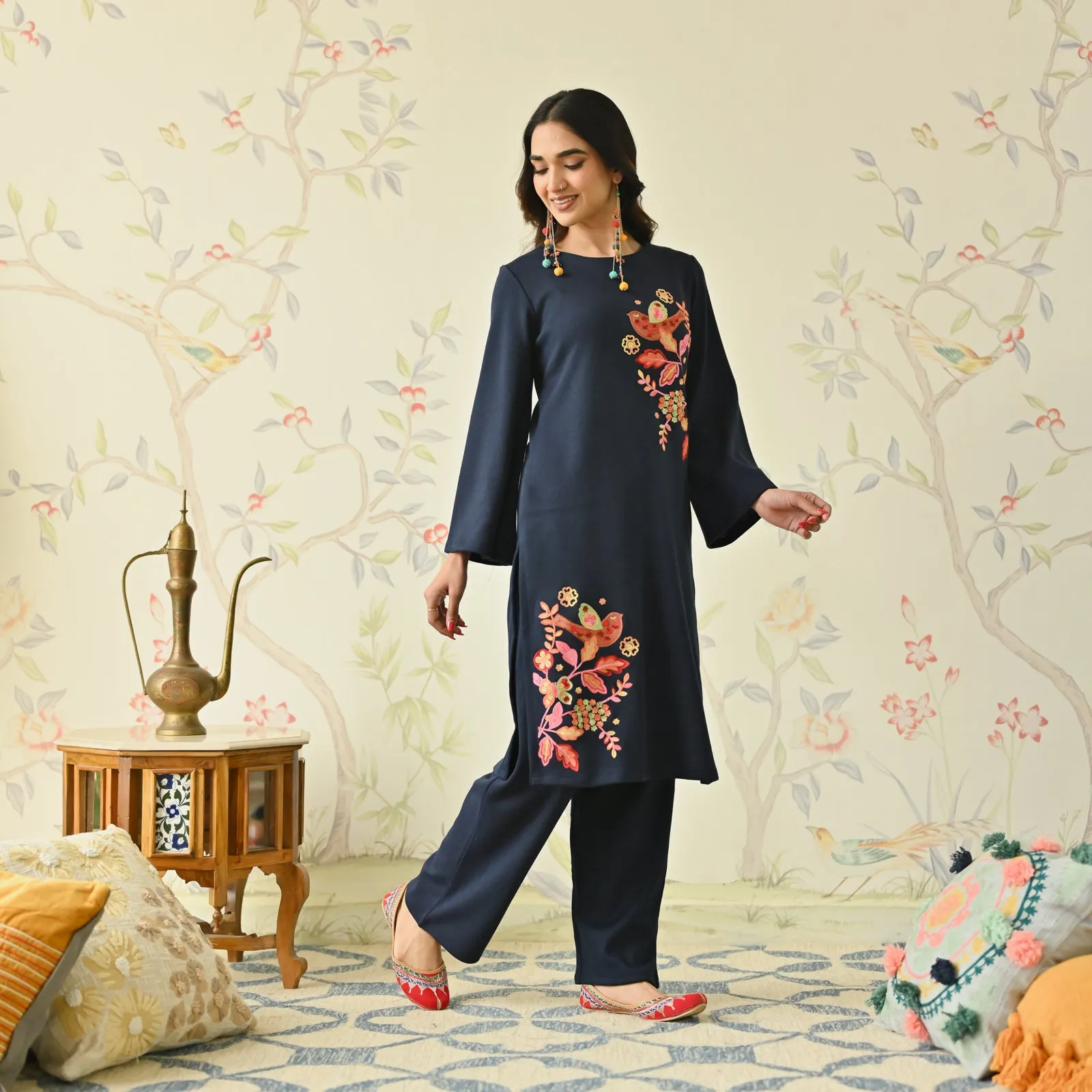 Navy Blue Woollen Aari Embroidered Floral Kurta Pant Set with Flared Sleeves