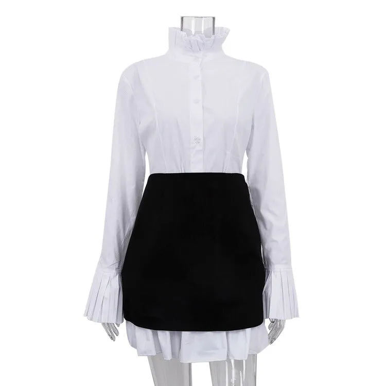 Pre Order:  Retro Flared Sleeves Pleated Stand Collar Shirt   Skirt Set