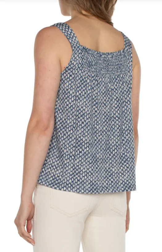 Sleeveless Easy Fit Tank w/ Smocking - Navy