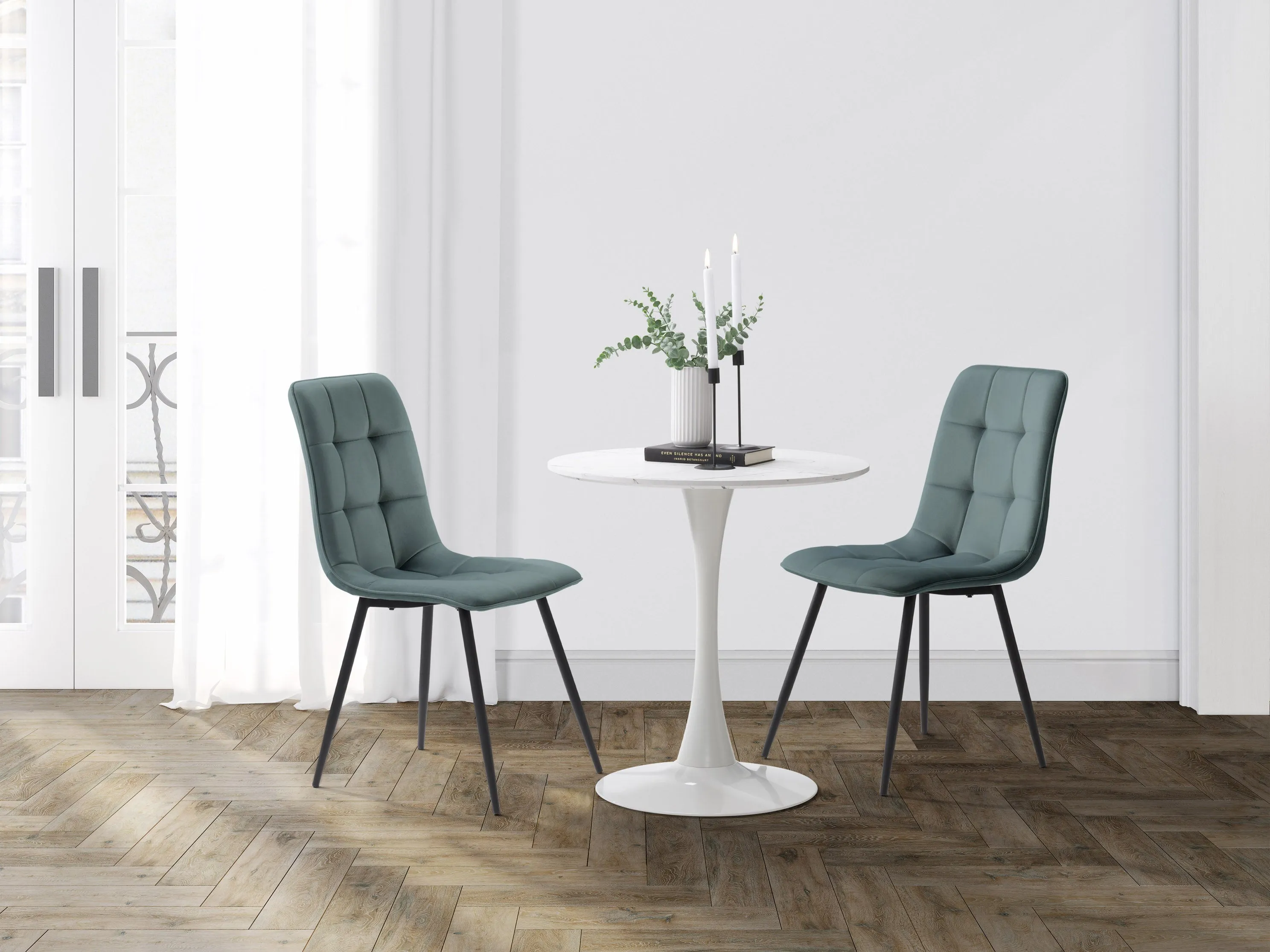 Teal Grey Velvet Upholstered Dining Chairs, Set of 2