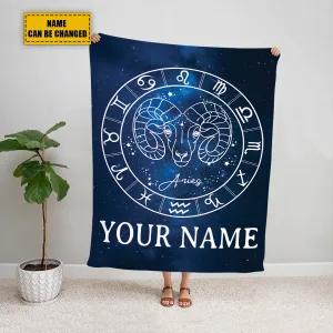 Teesdily | Aries Personalized Fleece Blanket With Name Horoscope Design Sherpa Blanket Zodiac Sign Constellation Astrology Adult Kid Birthday Gifts