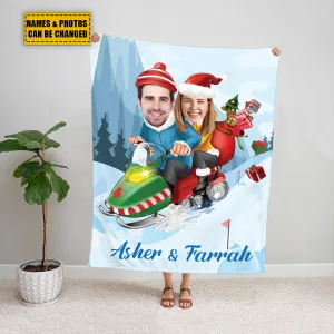 Teesdily | Couple Christmas Customize Blankets With Photos, Christmas Sled Couple Funny Sherpa Blanket, Wife Husband Customize Blanket, Xmas Gifts