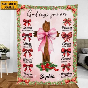 Teesdily | Custom God Says You Are Blanket, Christmas Coquette Bow Blanket Throw, Santa Bow Noel Holiday, Xmas Gift Jesus Lovers