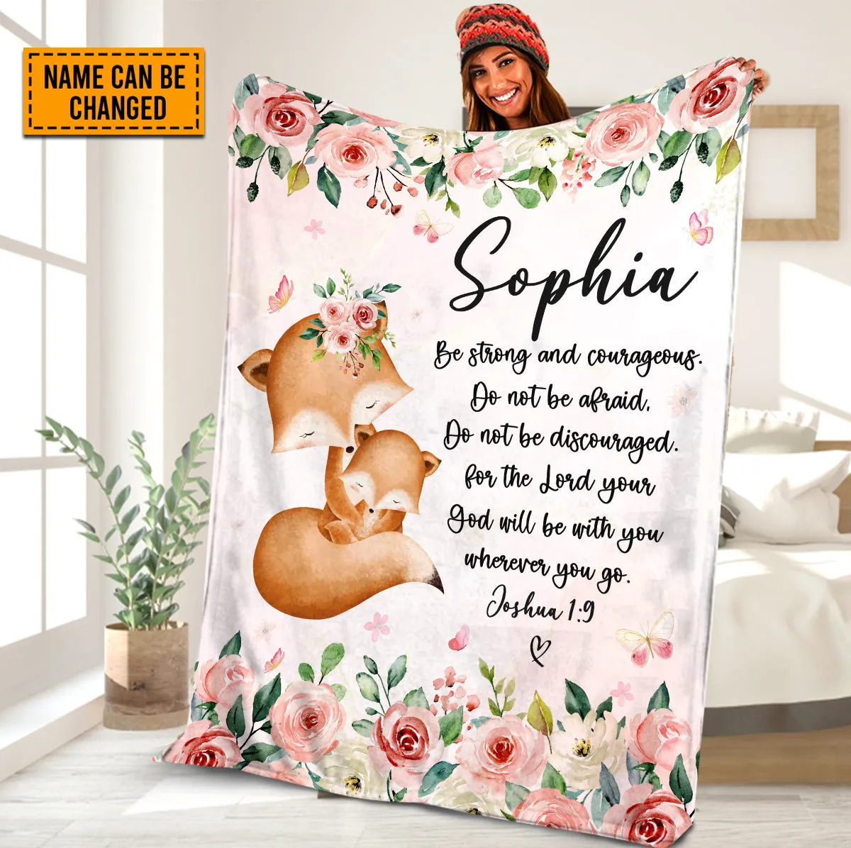 Teesdily | Fox Mom And Kid Personalized Fleece Blanket, God Verse Baby Blanket Gift, Baby Toddler Blanket, Floral Nursery Decor, Baby Shower Gifts