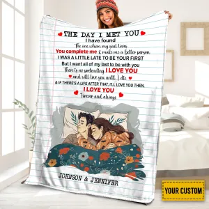 Teesdily | Personalized Chibi Couple Soft Blanket, The Day I Met You Fleece Blanket, Honeymoon Beach Blanket, Happy Wedding Keepsake, Mr And Mrs Gifts