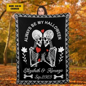 Teesdily | Skull Couple Personalized Fleece Blanket Always Be My Halloween Warm Blanket Gothic Skeleton Blanket Personalized Christmas Couple Gifts