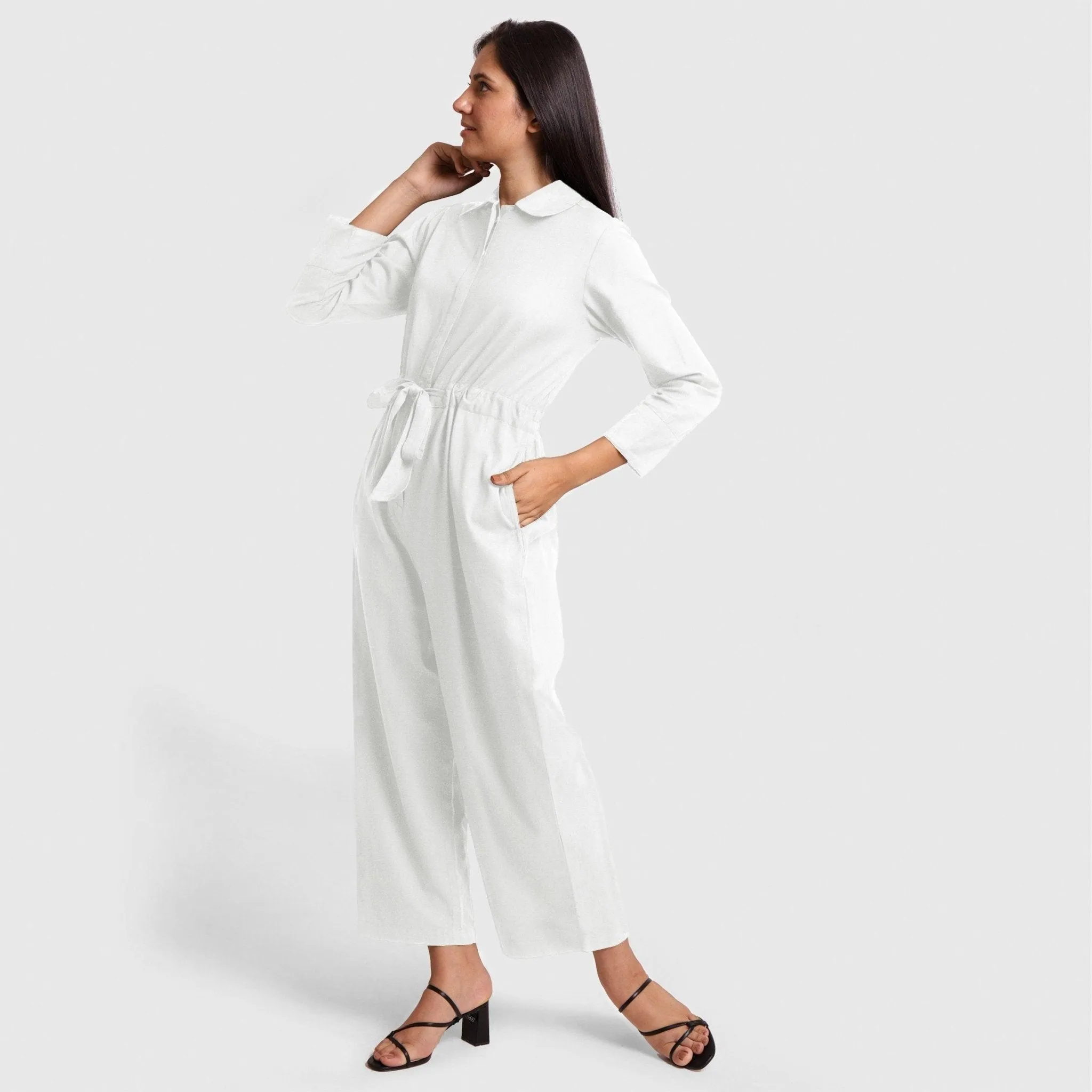 White Flat Collar Cotton Flax Elasticated Wide Legged Overall