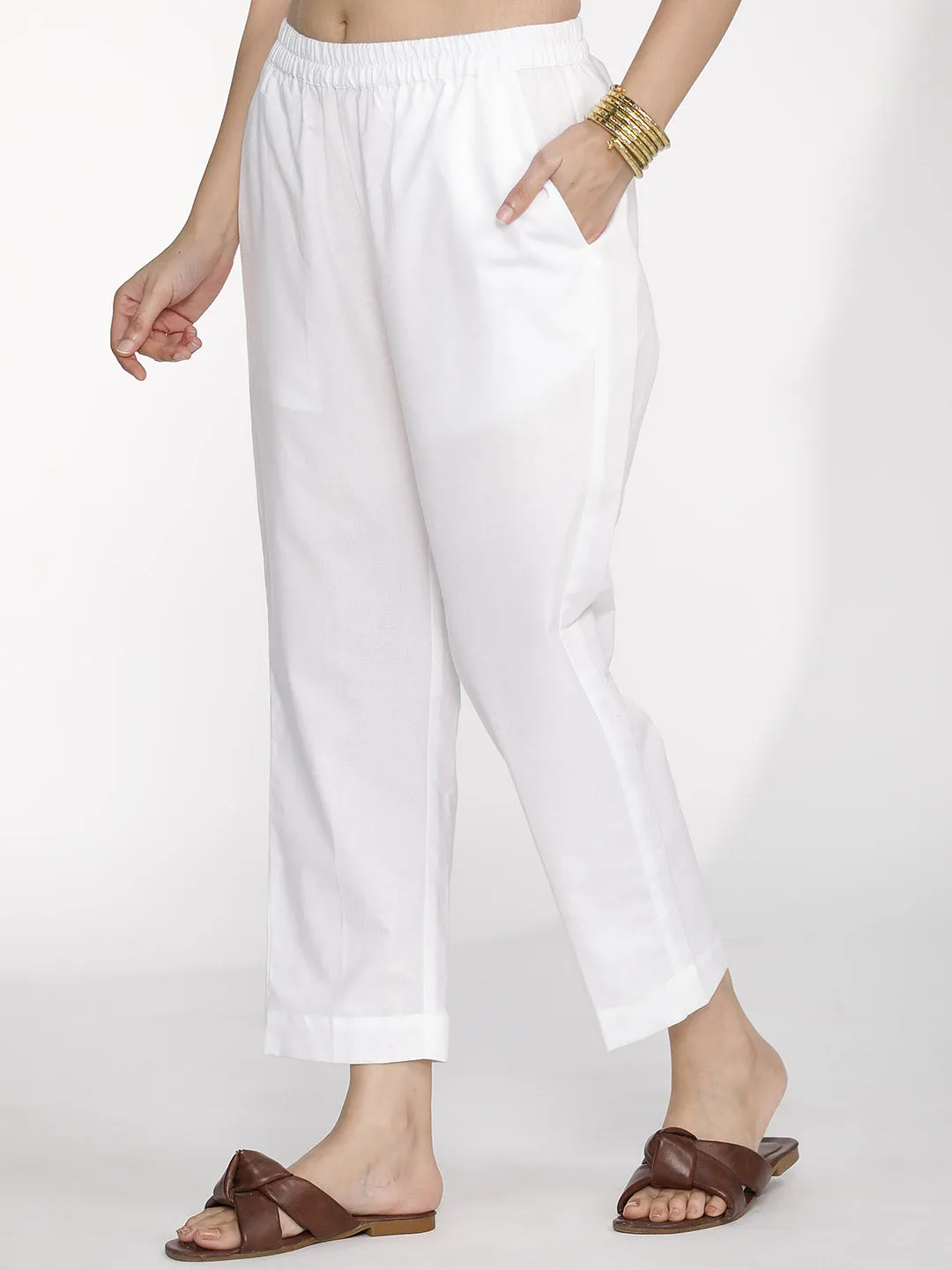 White Poplin PleatedKurta & Tapered Pants